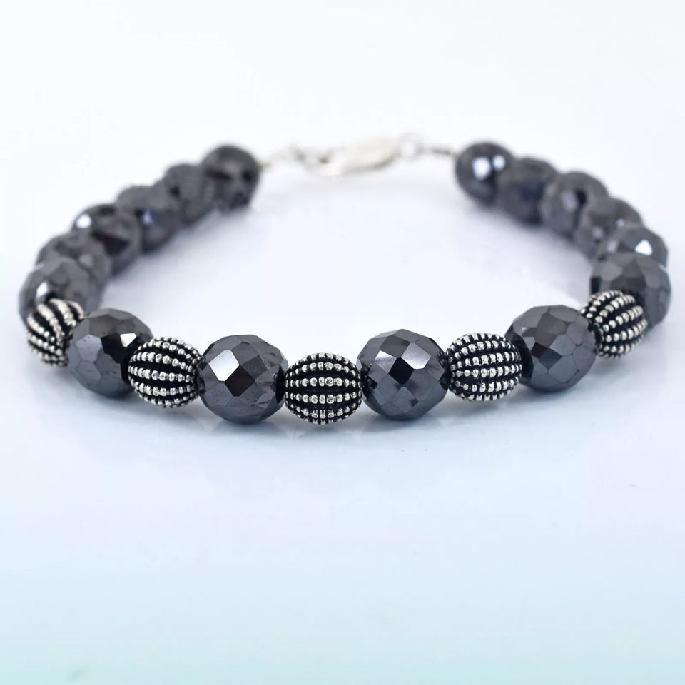 8mm-9mm Black Diamonds Bracelet With Sterling Silver Vintage Beads