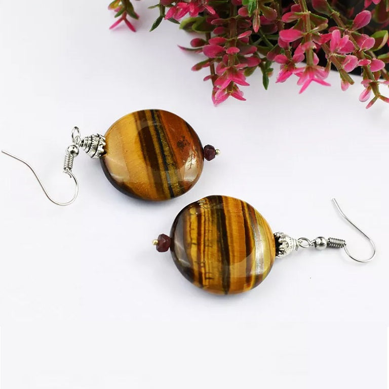 82 Ct Natural Golden Tiger Eye Round Shape Bead Earrings