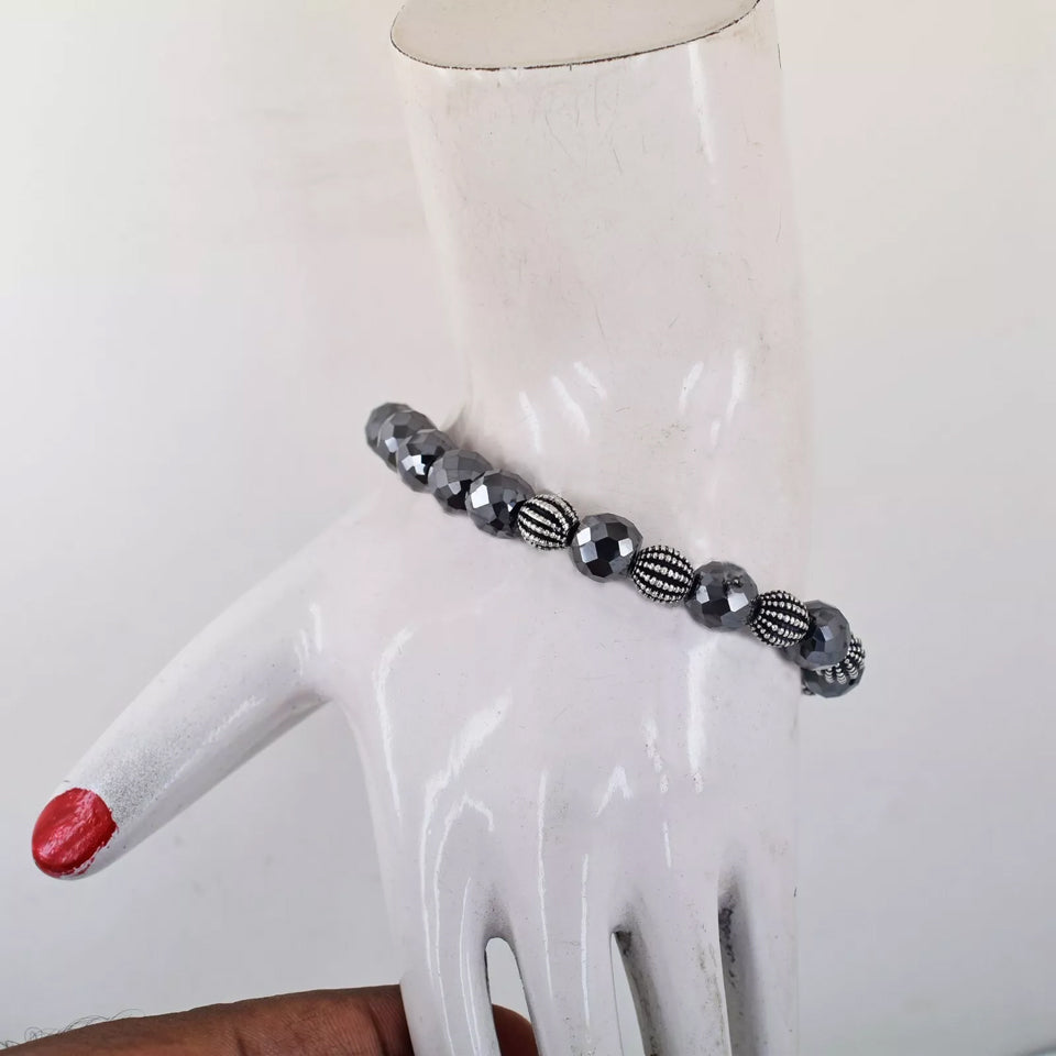 8mm-9mm Black Diamonds Bracelet With Sterling Silver Vintage Beads