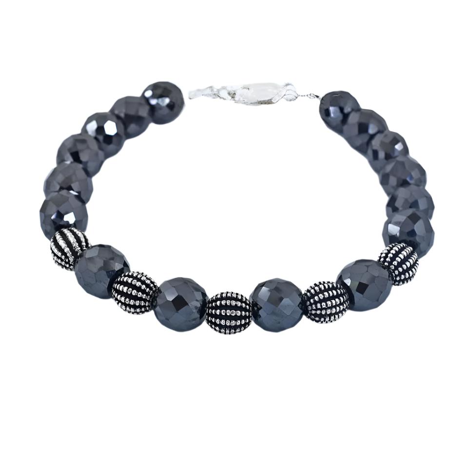 8mm-9mm Black Diamonds Bracelet With Sterling Silver Vintage Beads