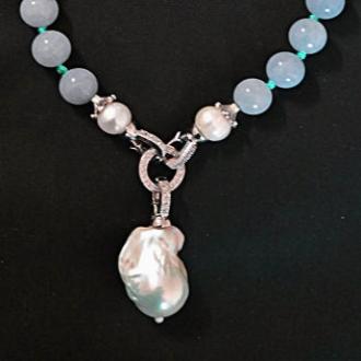 Lavender Aquamarine Gemstone Beads with White Keshi Baroque Pearl Pendant